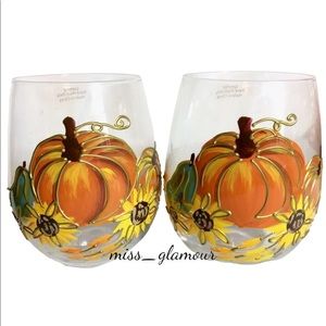 Handpainted Pumpkin Patch Fall Thanksgiving Stemless Wine Glasses - Set of 2